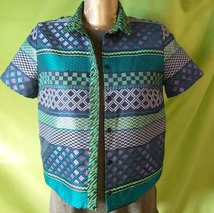 Topshop Green Multi-Patterned Short Sleeve Top Small